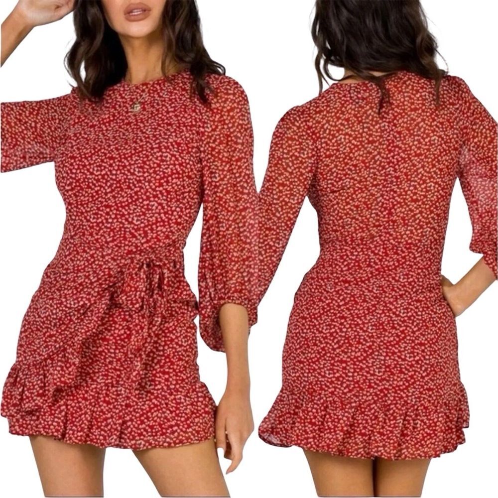 Princess Polly Dalko Mini Dress Red Floral‎ Balloon Sleeve Ruffle Women's Size 4